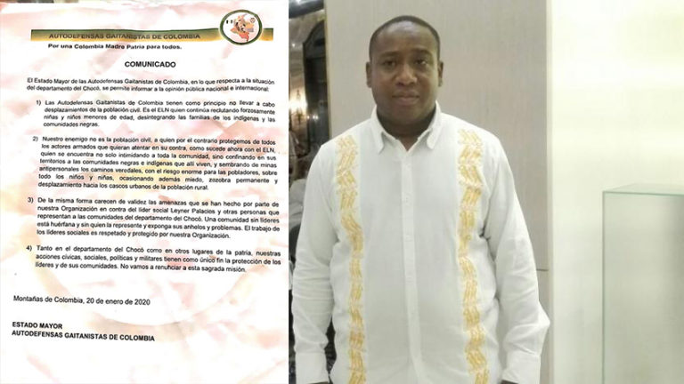 Mediante panfletos, Autodefensas Gaitanistas de Colombia, desmienten amenazas contra el líder Leyner palacios, sobreviviente de Bojayá.