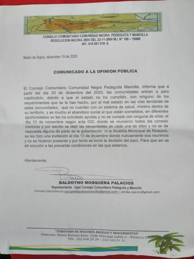 Comunidades Negras en Riosucio Chocó, anuncian paro indefinido.