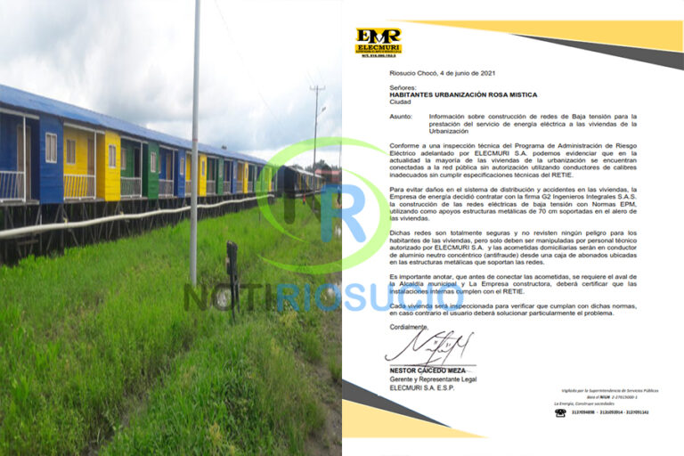Habitantes del proyecto de vivienda Rosa Mística, en la cabecera municipal de Riosucio – Chocó, contaran con el servicio de energía eléctrica.