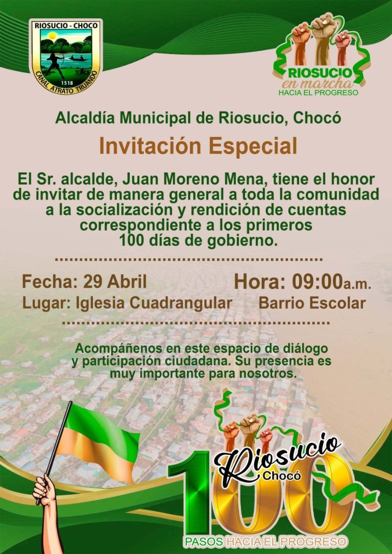 El alcalde de Riosucio Juan Moreno Meno y sus funcionarios convocan a informe de los primeros 100 días de gobierno.