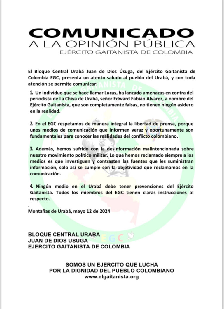 Ejército Gaitanista de Colombia desmiente amenazas contra periodista de La Chiva de Urabá.