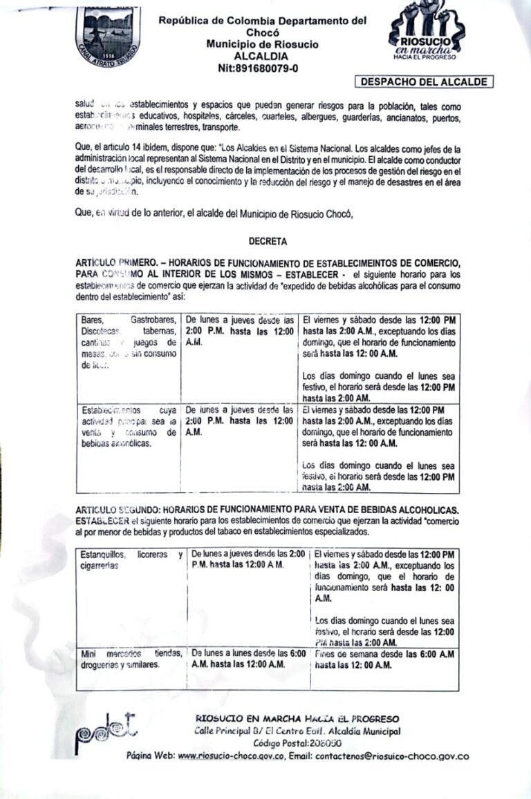 Vía decreto alcaldía de Riosucio Chocó busca regular horario de discotecas, cantinas y demás establecimiento comerciales abiertos al público.